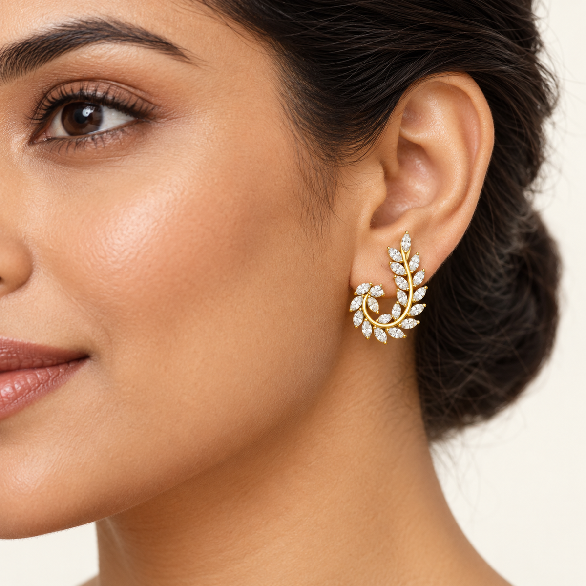 Diamond Leaf Swirl Stud Earrings in Yellow Gold | Savya Jewels