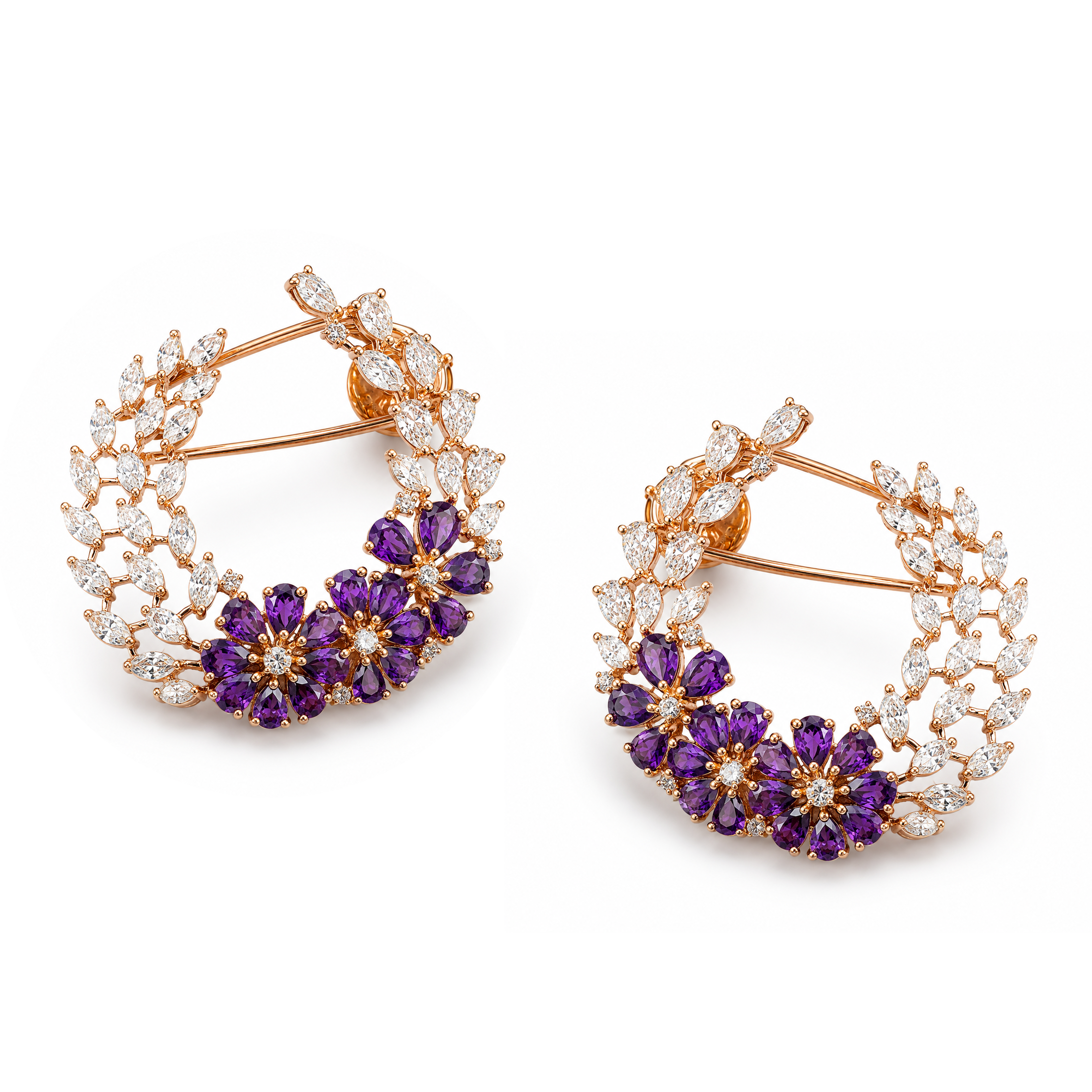 Luxury Rose Gold Earrings with Natural Marquise Diamonds & Purple Gemstones | Savya Jewels