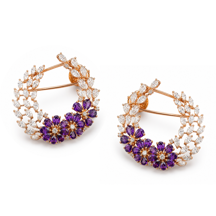 Luxury Rose Gold Earrings with Natural Marquise Diamonds & Purple Gemstones | Savya Jewels
