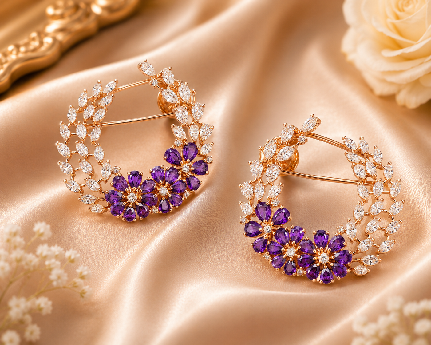 Luxury Rose Gold Earrings with Natural Marquise Diamonds & Purple Gemstones | Savya Jewels