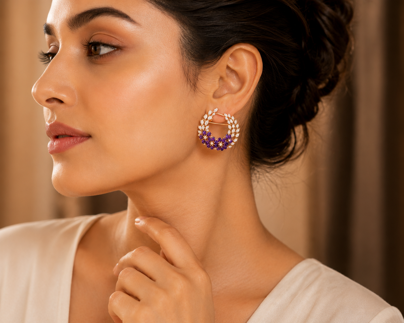 Luxury Rose Gold Earrings with Natural Marquise Diamonds & Purple Gemstones | Savya Jewels