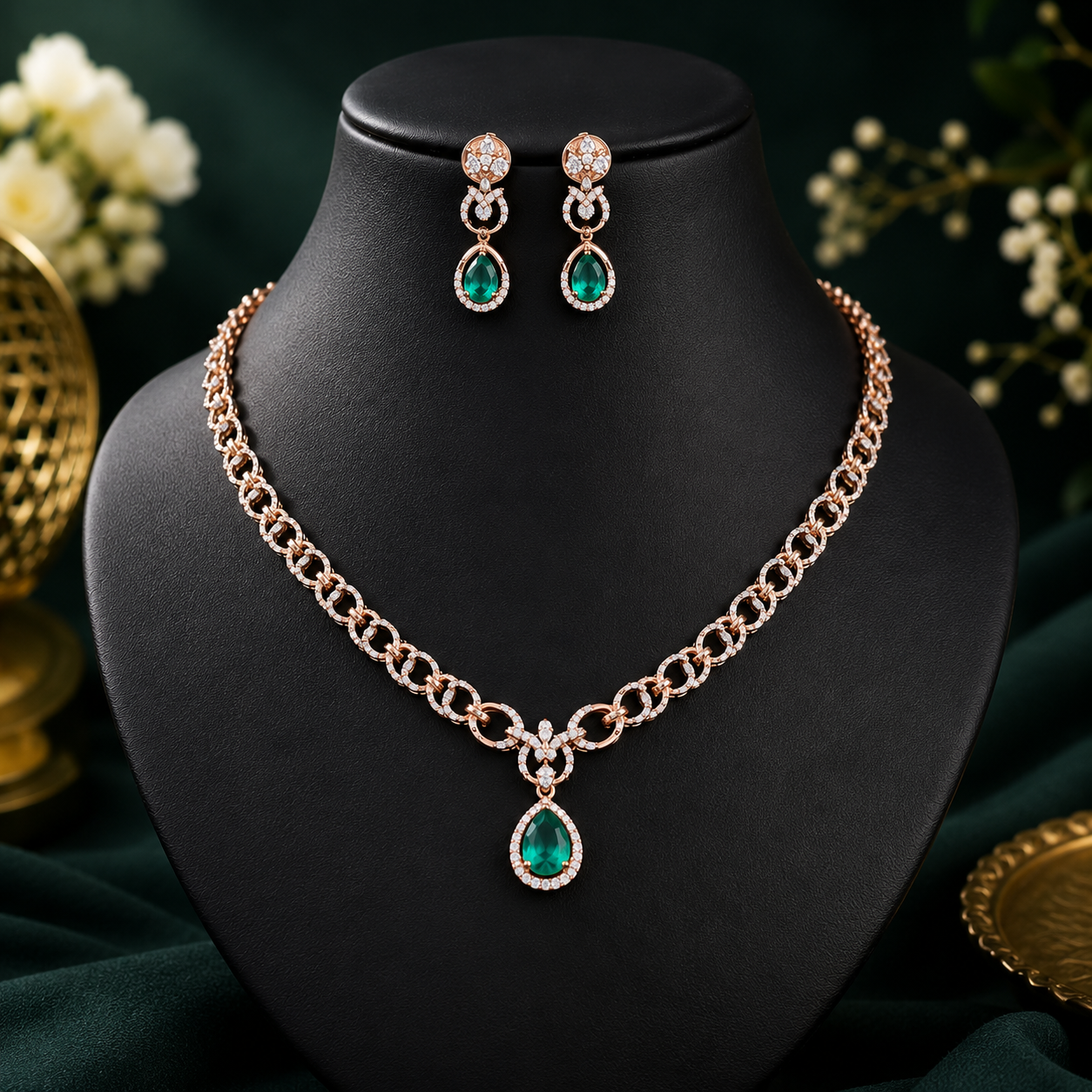 Bridal Emerald Diamond Necklace Set in Gold