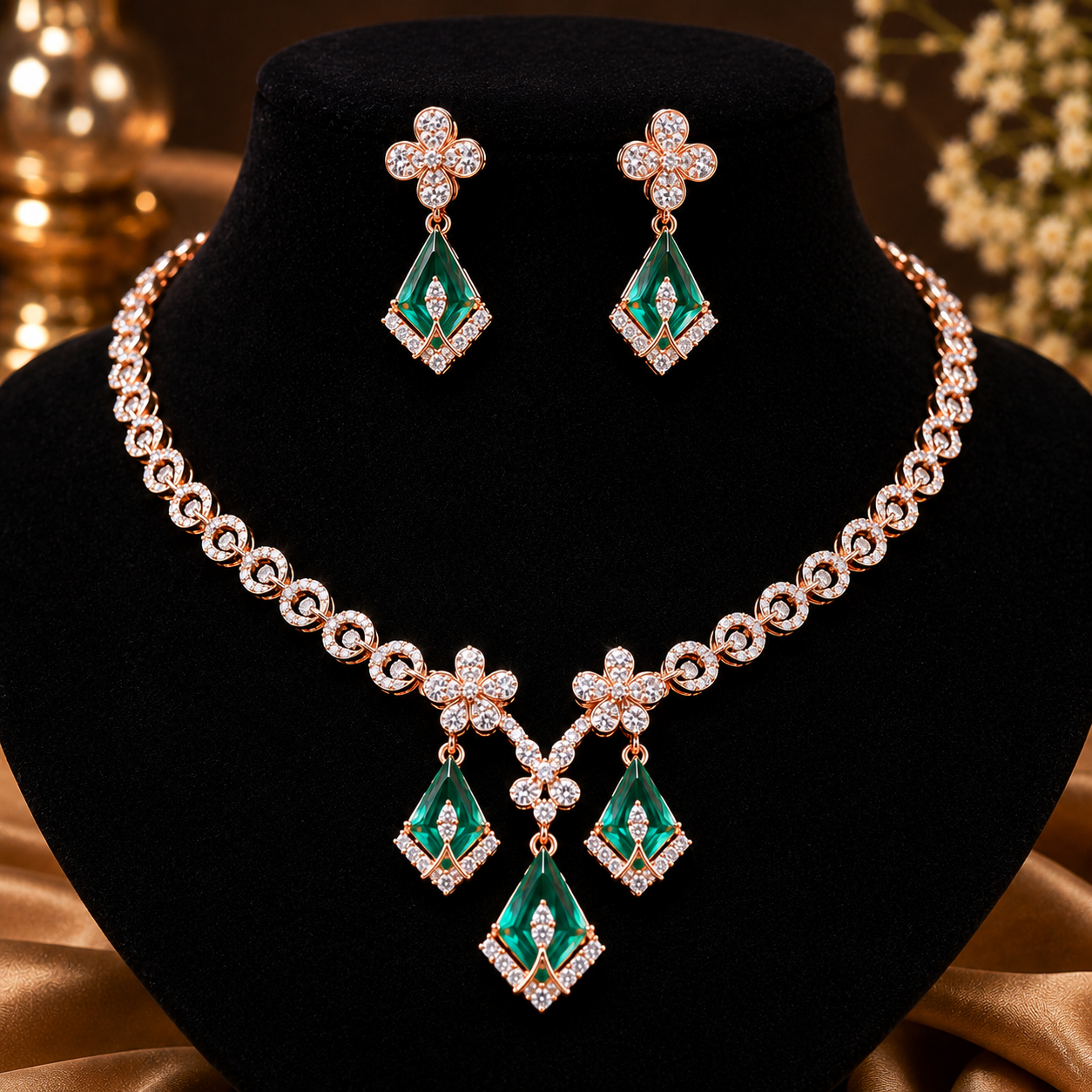 Emerald & Diamond Bridal Necklace Set in 14Kt