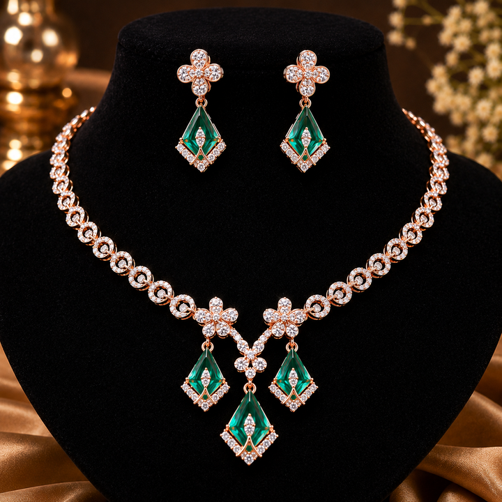 Emerald & Diamond Bridal Necklace Set in 14Kt