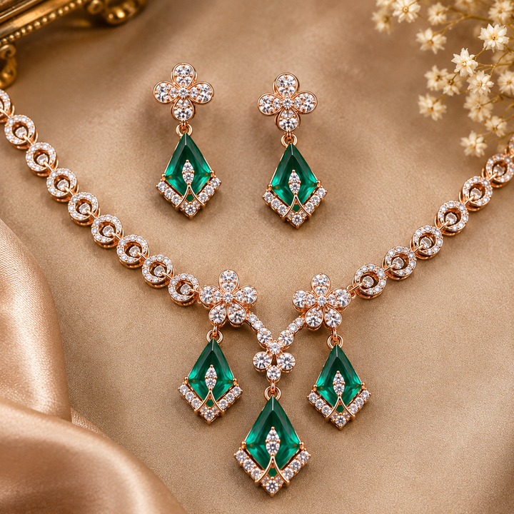 Emerald & Diamond Bridal Necklace Set in 14Kt