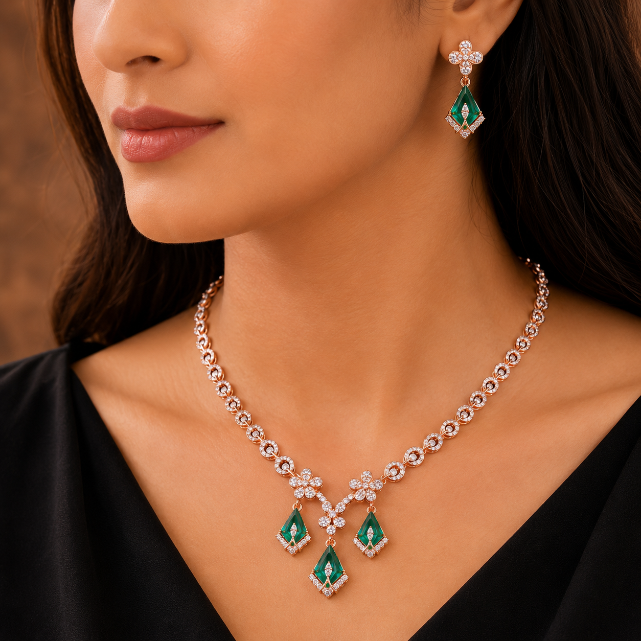 Emerald & Diamond Bridal Necklace Set in 14Kt