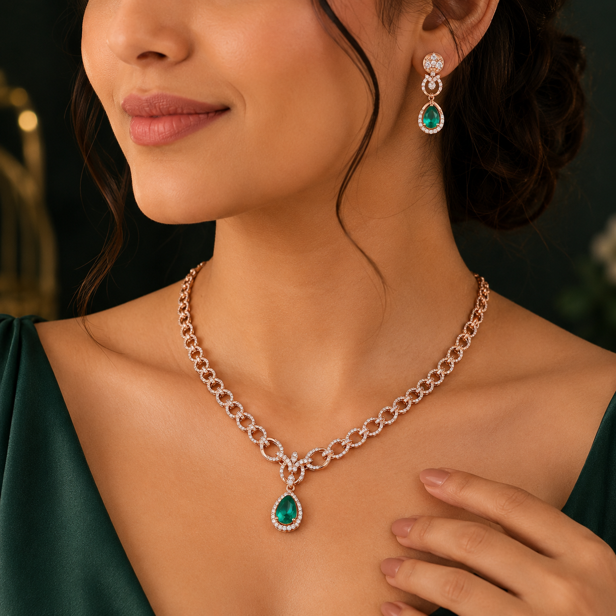 Bridal Emerald Diamond Necklace Set in Gold