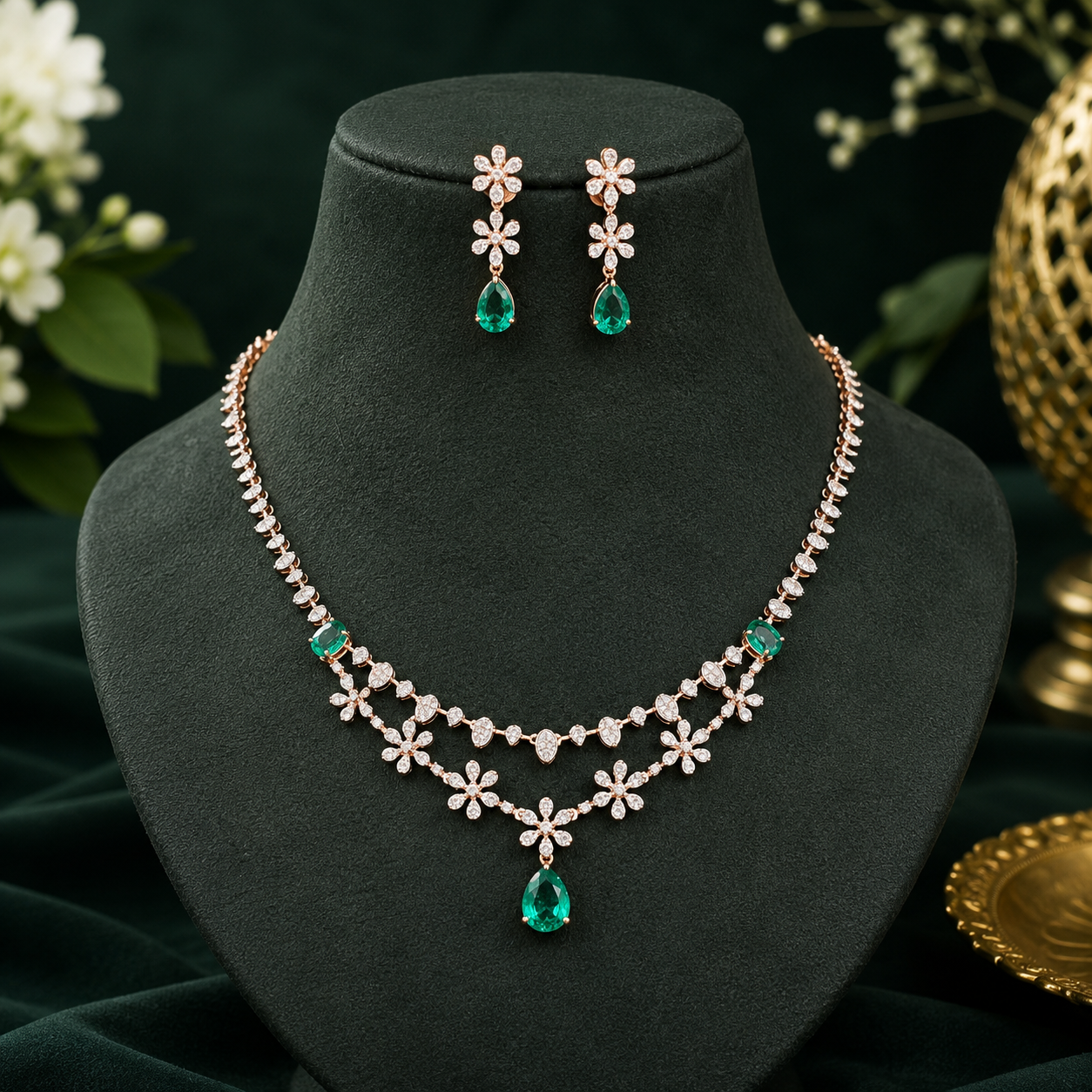 Bridal Emerald & Diamond Necklace Set in 14Kt Gold