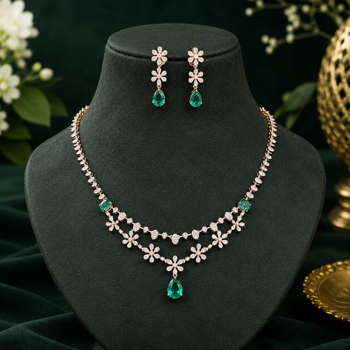 Bridal Emerald & Diamond Necklace Set in 14Kt Gold