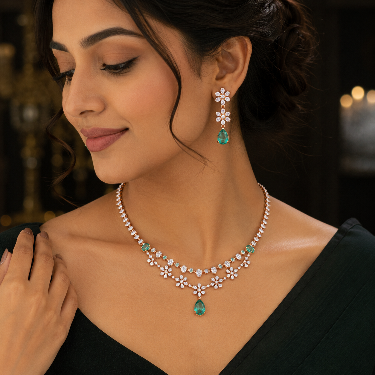 Bridal Emerald & Diamond Necklace Set in 14Kt Gold