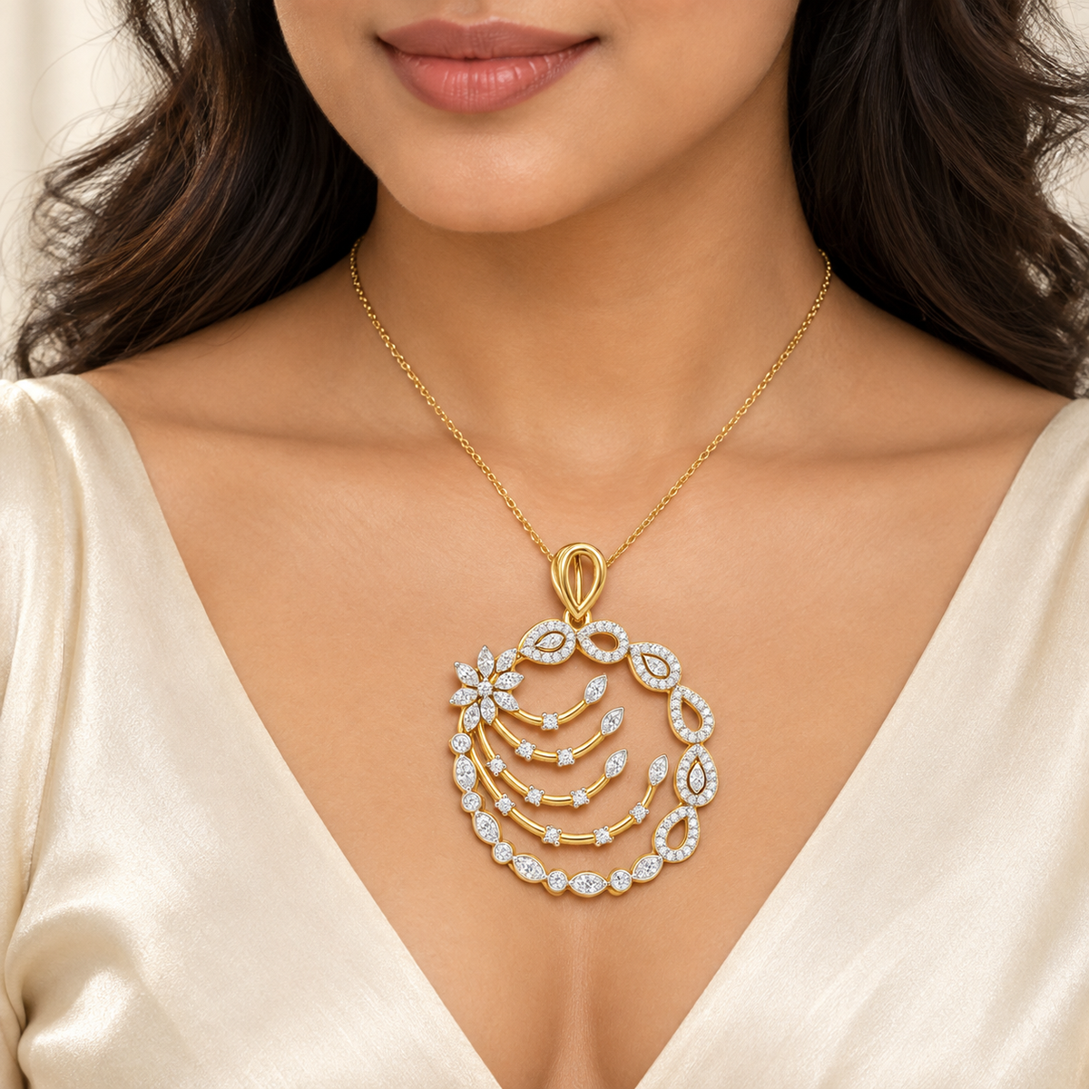 Yellow Gold Floral Openwork Diamond Pendant for Women | Savya Jewels