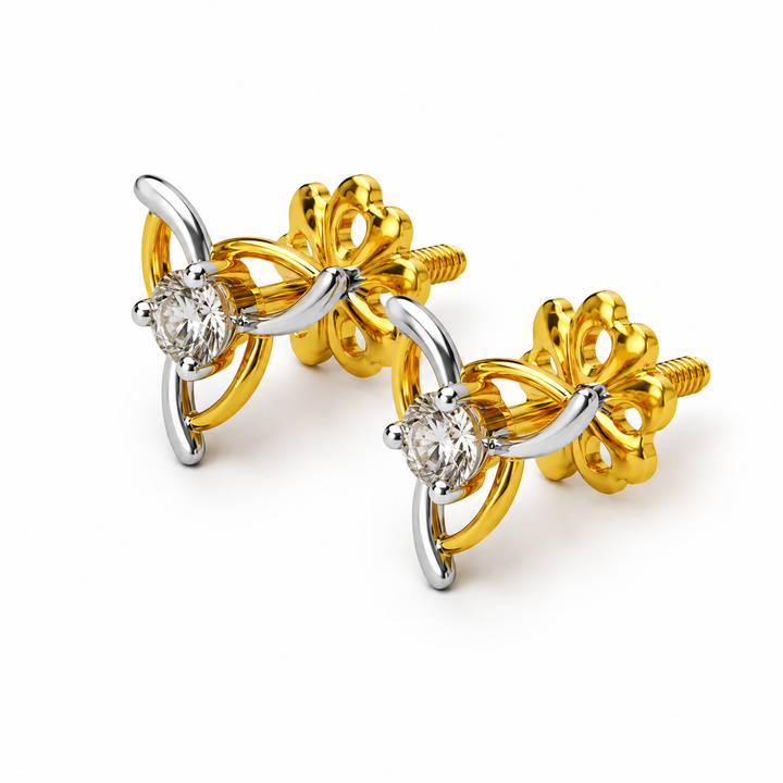 Diamond Leaf Swirl Stud Earrings in 14Kt Yellow Gold