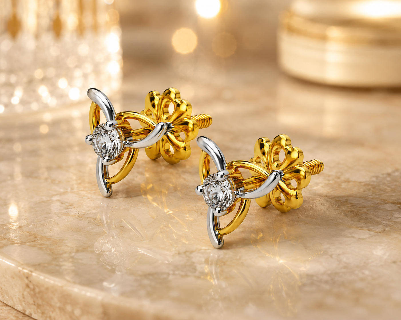 Diamond Leaf Swirl Stud Earrings in 14Kt Yellow Gold