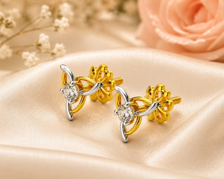 Diamond Leaf Swirl Stud Earrings in 14Kt Yellow Gold