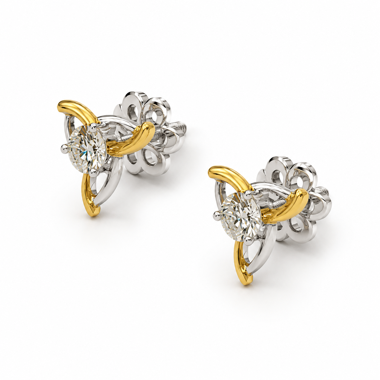 Diamond Crescent Stud Earrings in Two-Tone 14Kt Gold