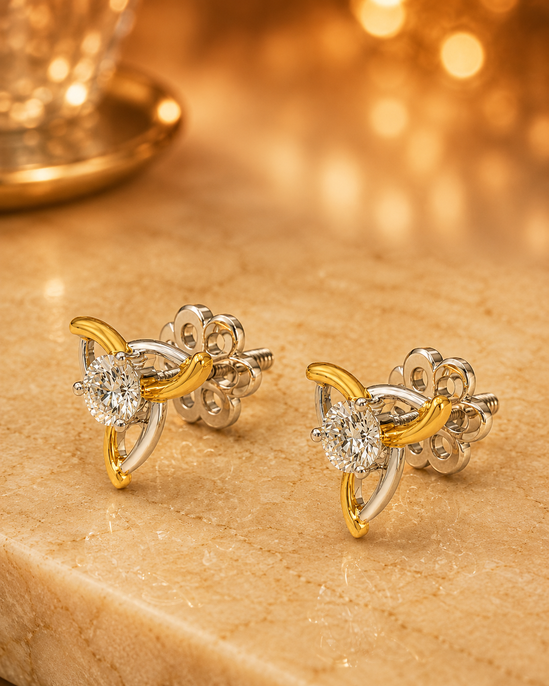 Diamond Crescent Stud Earrings in Two-Tone 14Kt Gold