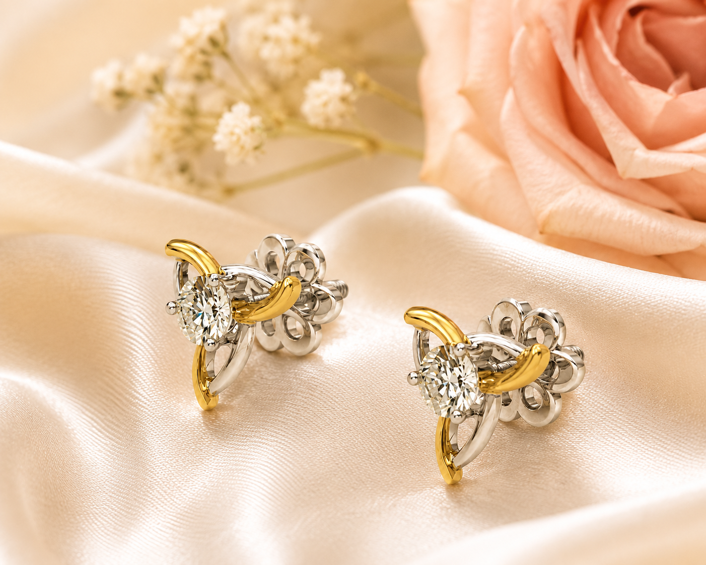 Diamond Crescent Stud Earrings in Two-Tone 14Kt Gold