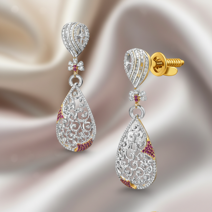 Diamond Filigree Drop Earrings with Ruby Accents in White Gold