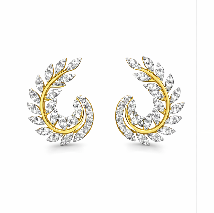 Diamond Leaf Swirl Stud Earrings in Yellow Gold