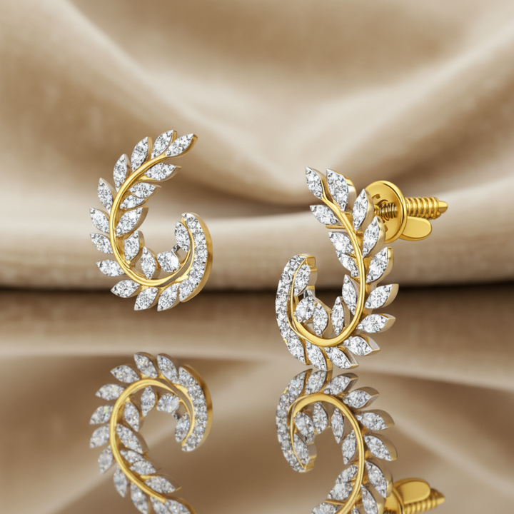 Diamond Leaf Swirl Stud Earrings in Yellow Gold