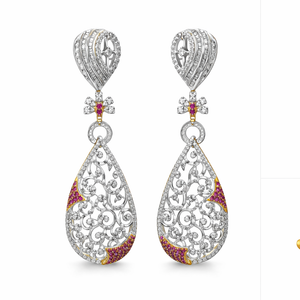 Best Diamond Filigree Drop Earrings with Ruby Accents in White Gold in Meerut | Savya Jewels