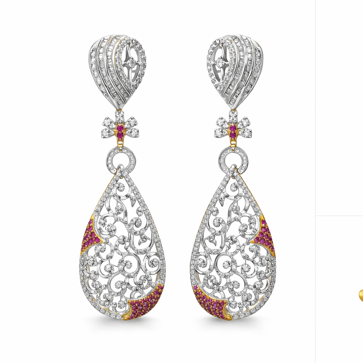 Diamond Filigree Drop Earrings with Ruby Accents in White Gold