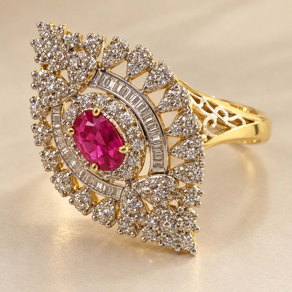 Ruby Halo Diamond Cocktail Ring in Yellow Gold