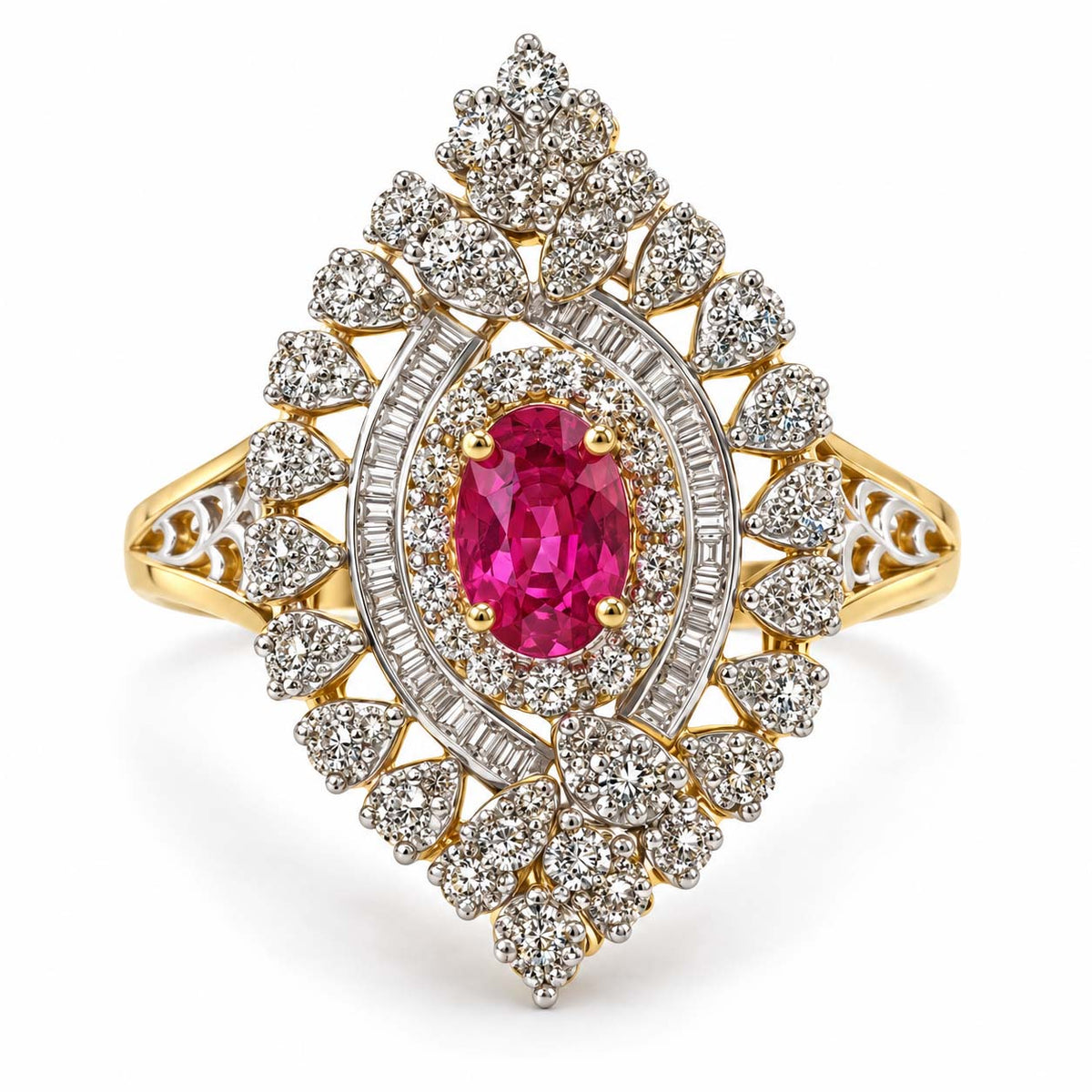 Ruby Halo Diamond Cocktail Ring in Yellow Gold