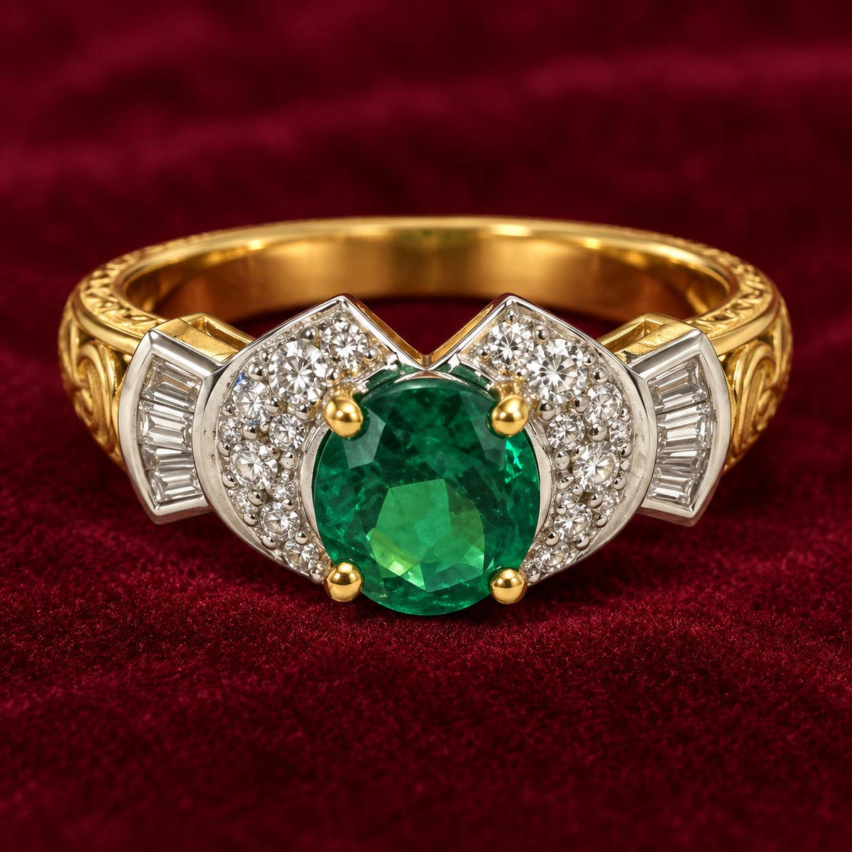 18K Gold Oval Emerald Winged Diamond Ring