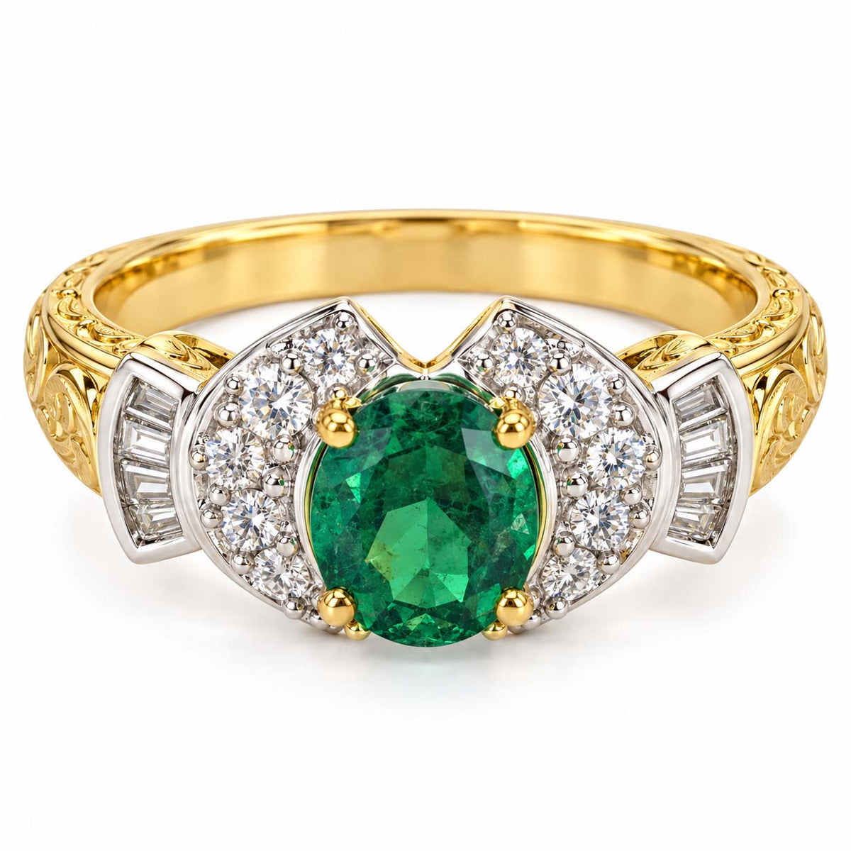 18K Gold Oval Emerald Winged Diamond Ring