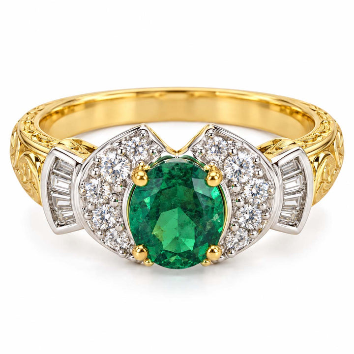 18K Gold Oval Emerald Winged Diamond Ring