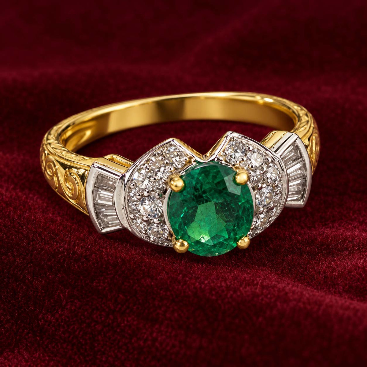18K Gold Oval Emerald Winged Diamond Ring