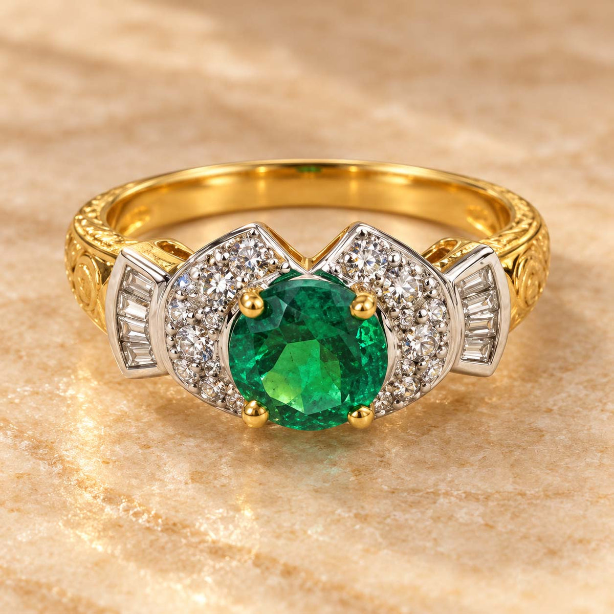 18K Gold Oval Emerald Winged Diamond Ring