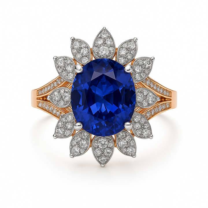 Royal Blue Sapphire Floral Diamond Ring in Rose Gold