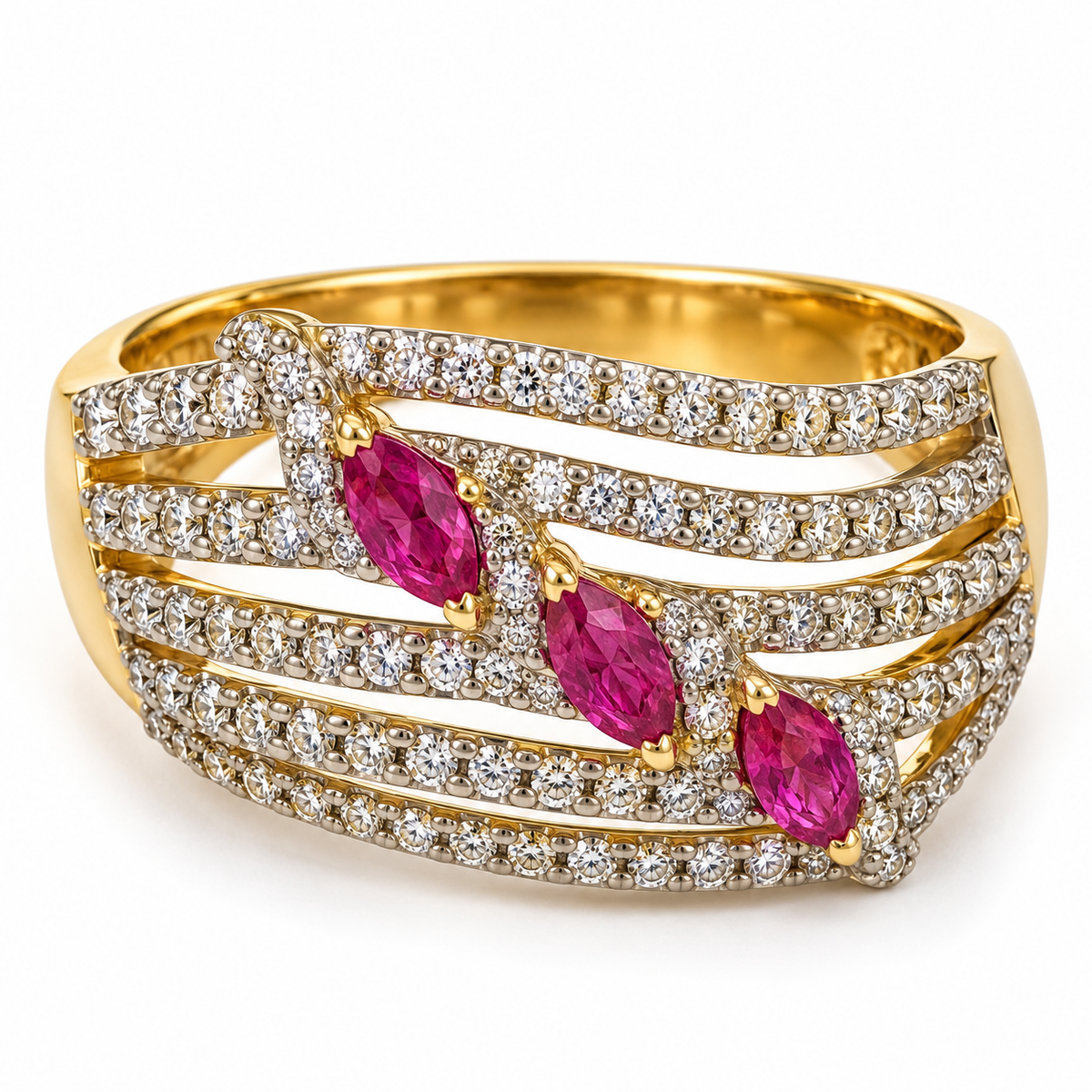 Triple Ruby Wave Diamond Ring