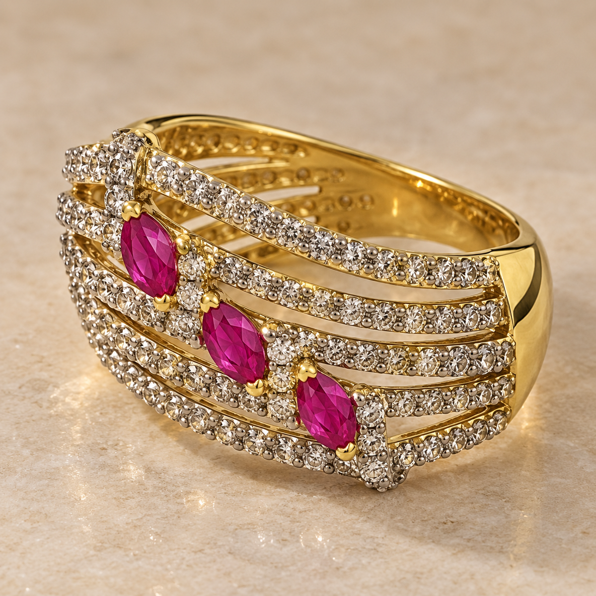 Triple Ruby Wave Diamond Ring