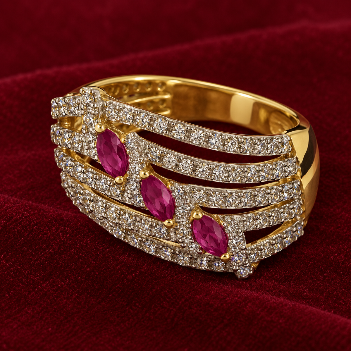 Triple Ruby Wave Diamond Ring