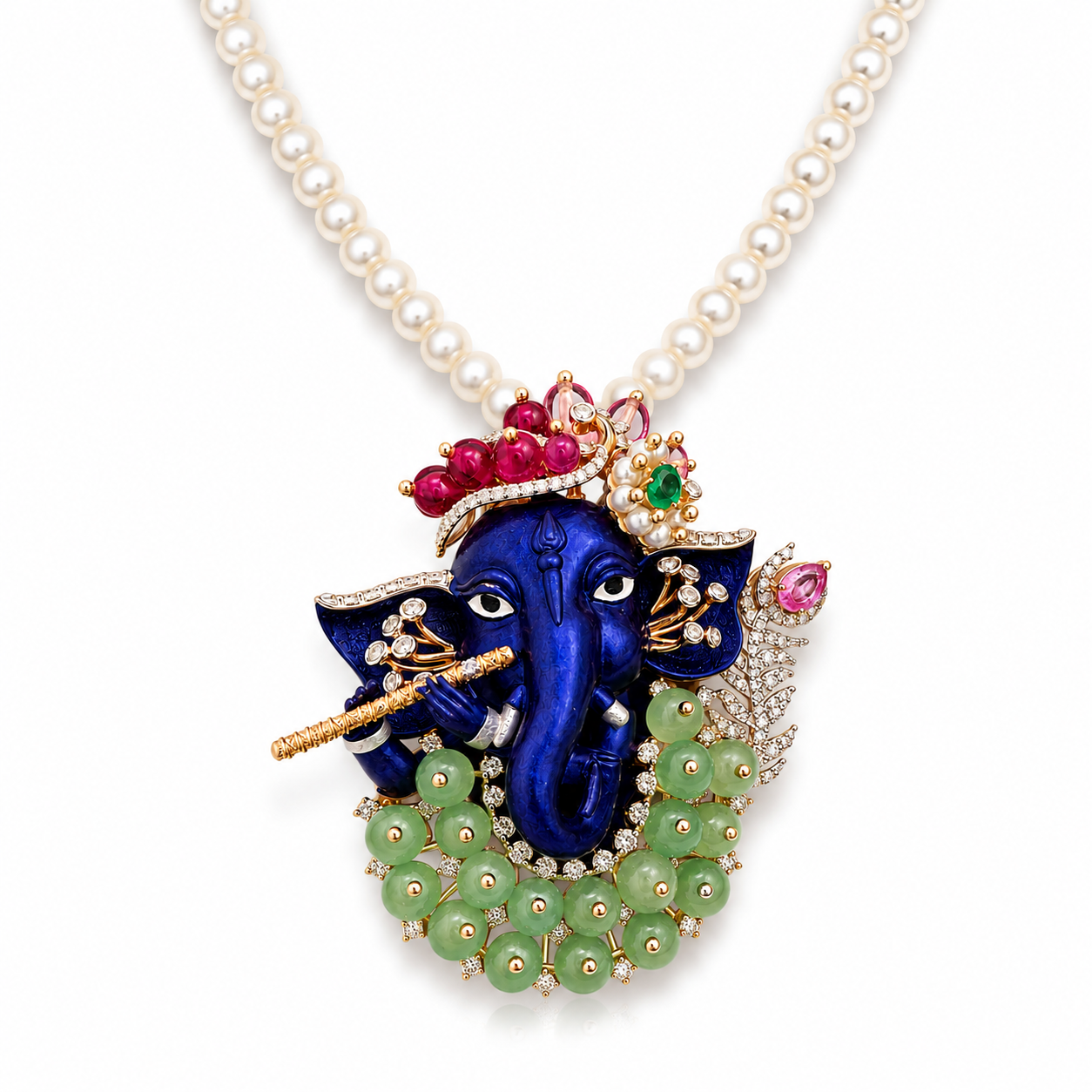 Blue Ganesha Diamond Pendant with Pearl Mala in 14K Rose Gold | Savya Jewels