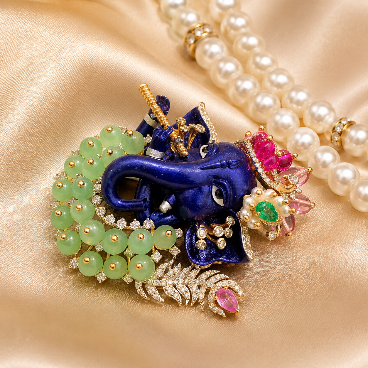 Blue Ganesha Diamond Pendant with Pearl Mala in 14K Rose Gold | Savya Jewels