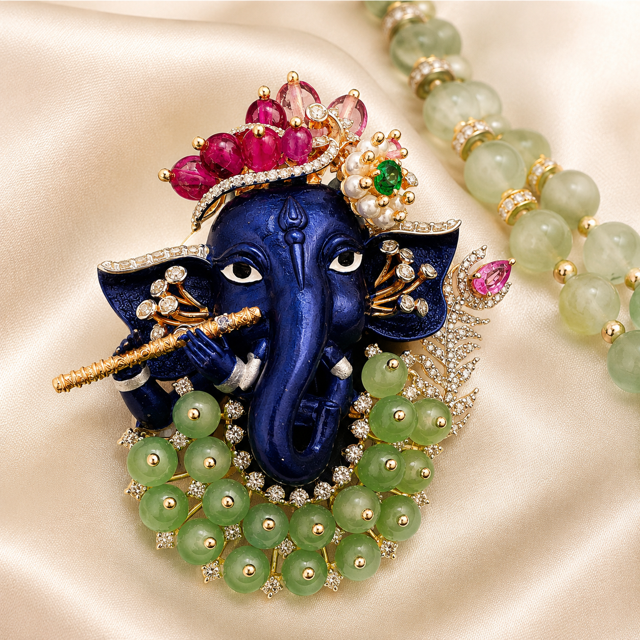 Blue Ganesha Diamond Pendant with Pearl Mala in 14K Rose Gold | Savya Jewels