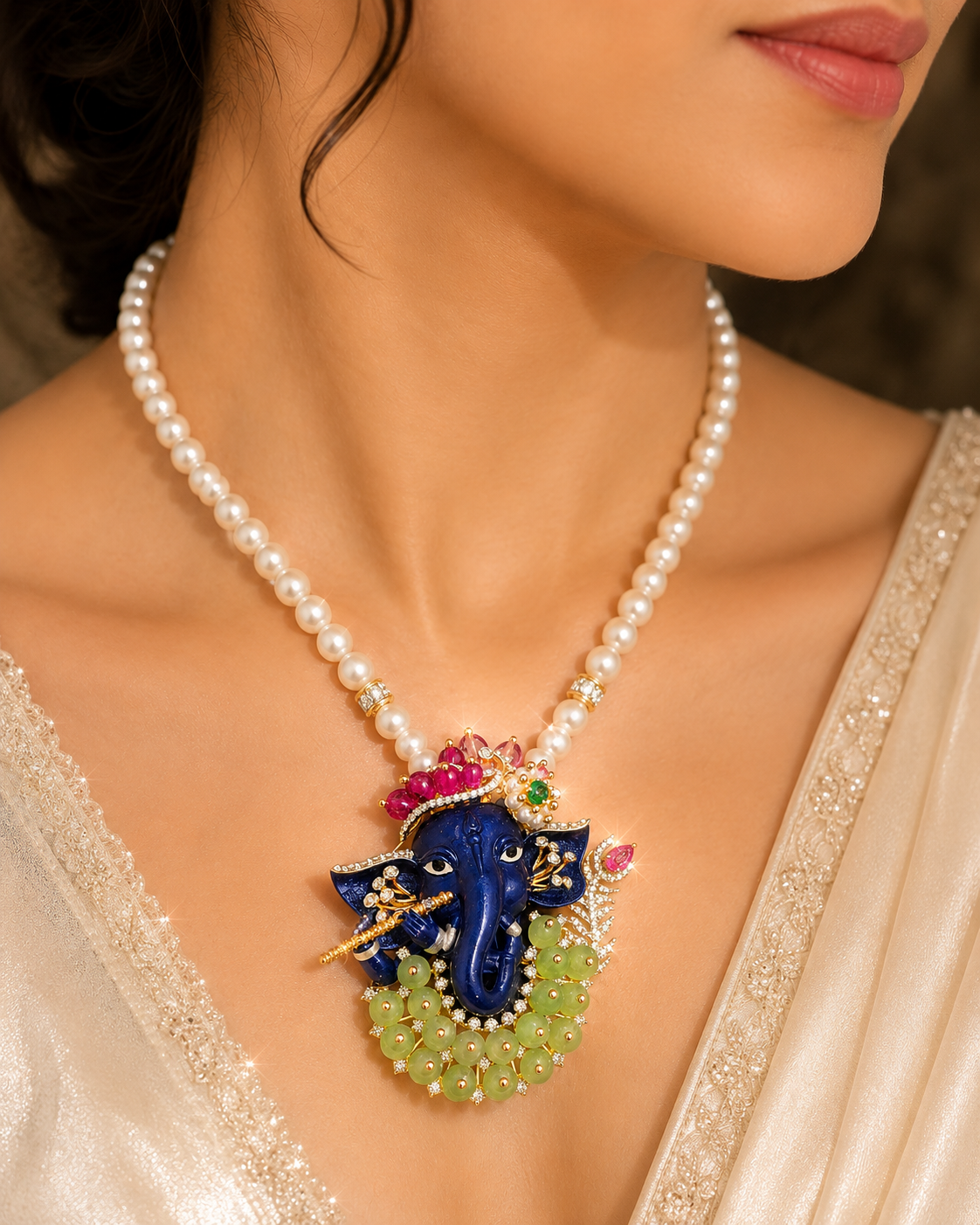 Blue Ganesha Diamond Pendant with Pearl Mala in 14K Rose Gold | Savya Jewels