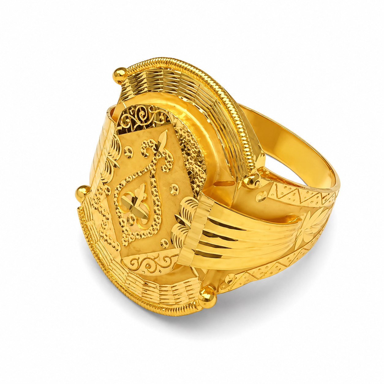 Gents Arch Shield Filigree Scroll Gold Ring in Yellow Gold 22KT | Savya Jewels