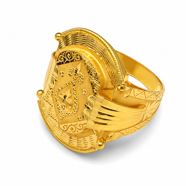 Gents Arch Shield Filigree Scroll Gold Ring in Yellow Gold 22KT | Savya Jewels