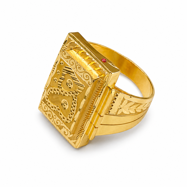 Gents Trishul Motif Square Gold Ring with Ruby in Yellow Gold 22KT | Savya Jewels