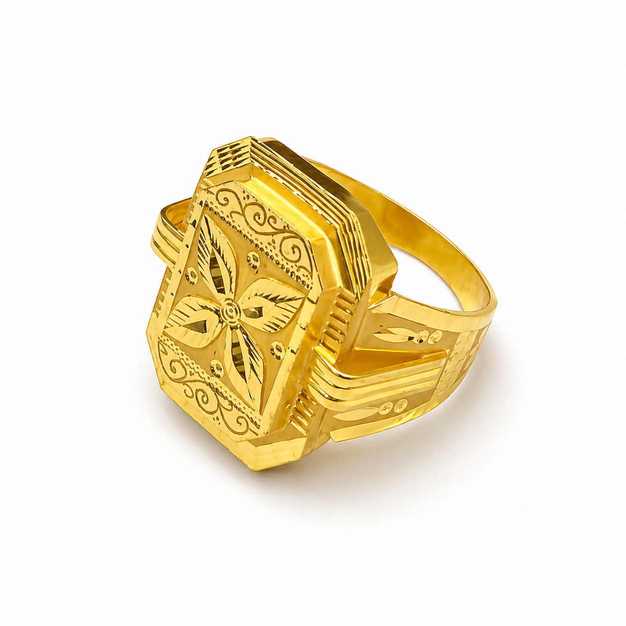 Gents Four Petal Flower Octagonal Gold Ring in Yellow Gold 22KT | Savya Jewels