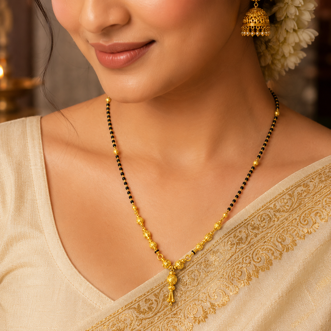 Traditional Gold Mangalsutra in 22KT Yellow Gold with Bold Black Beads | 8.35g | Statement Design