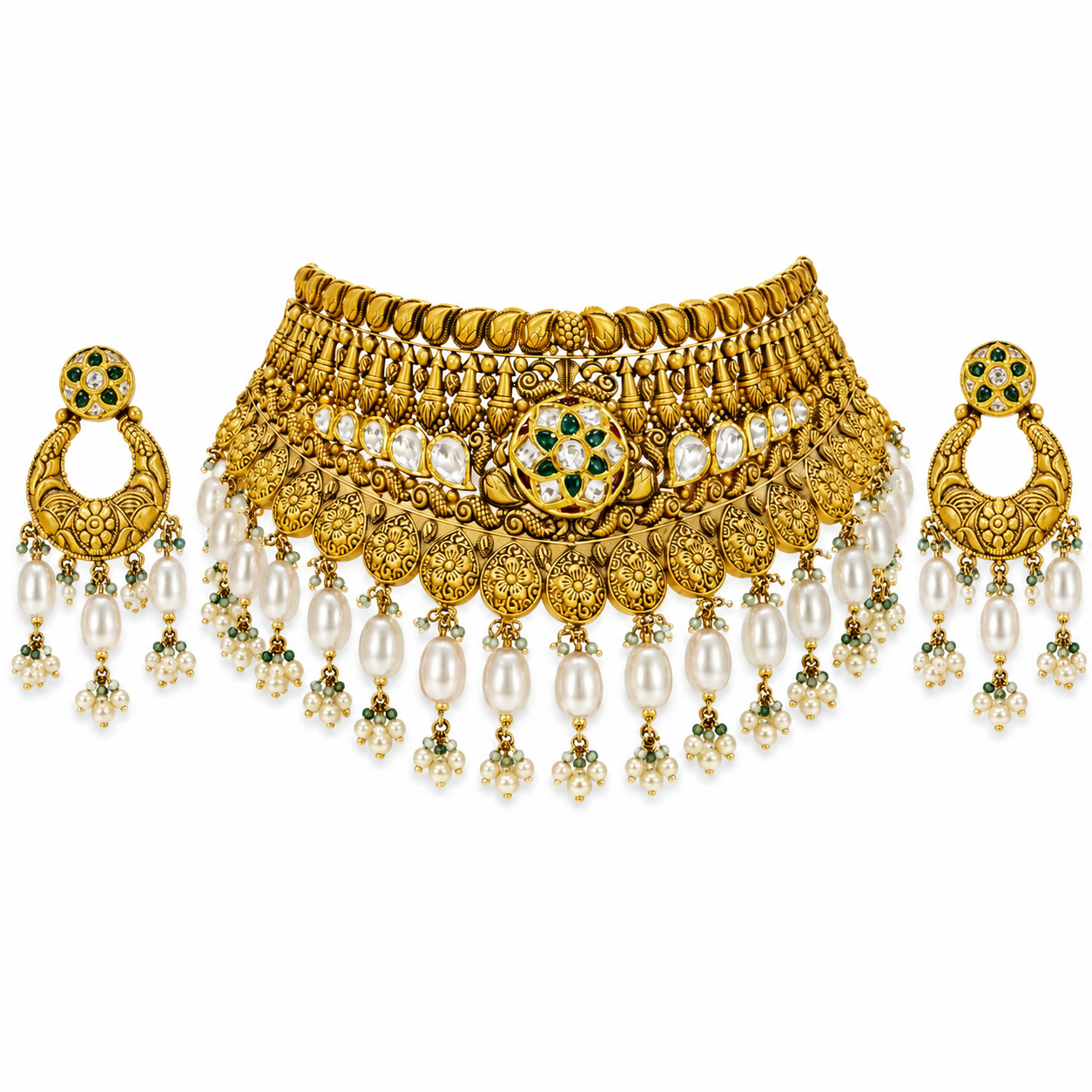 22Kt Gold Grand Bridal Choker Necklace Set with Pearl & Ruby Drops