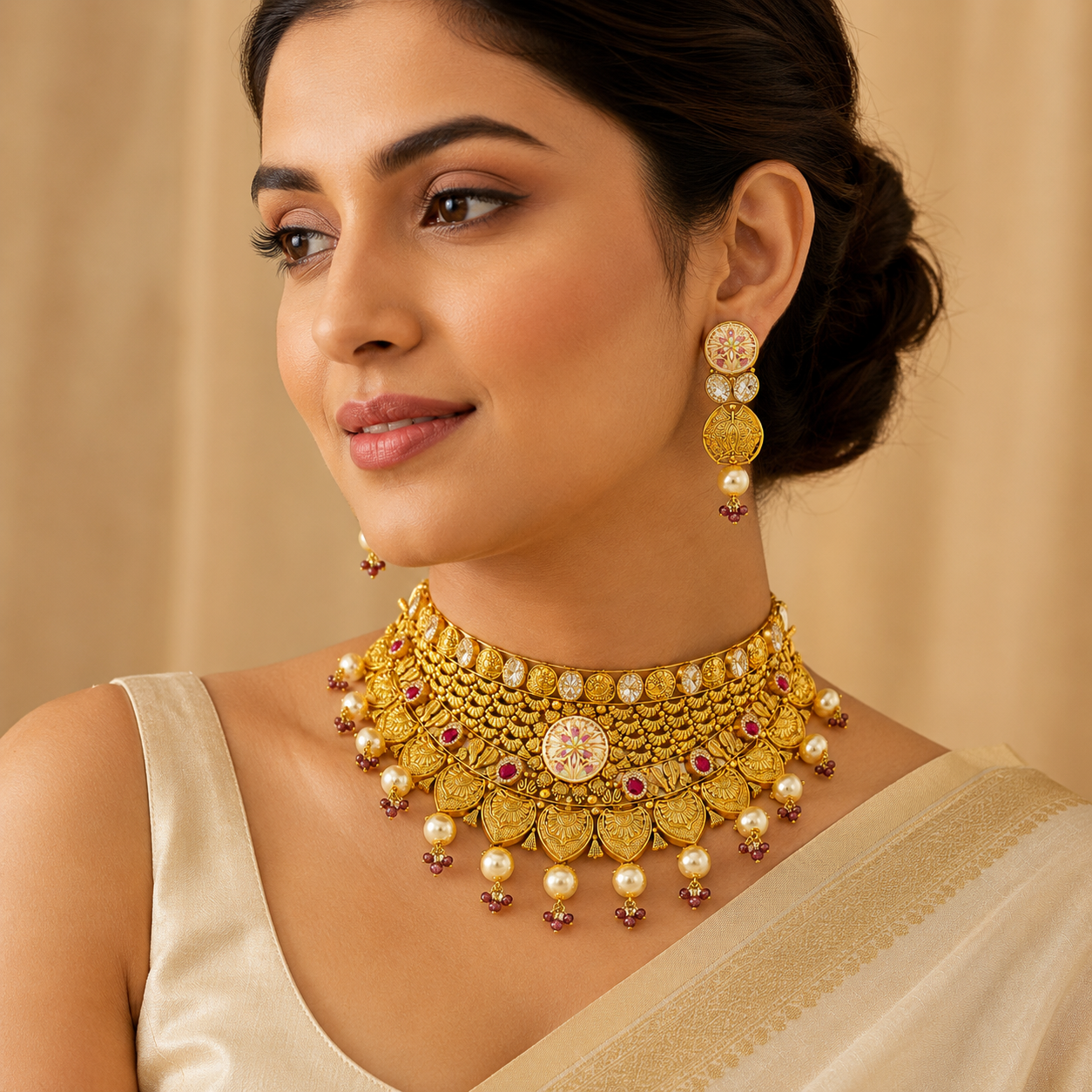 22Kt Gold Antique Choker Necklace Set with Polki & Moonstone Drops