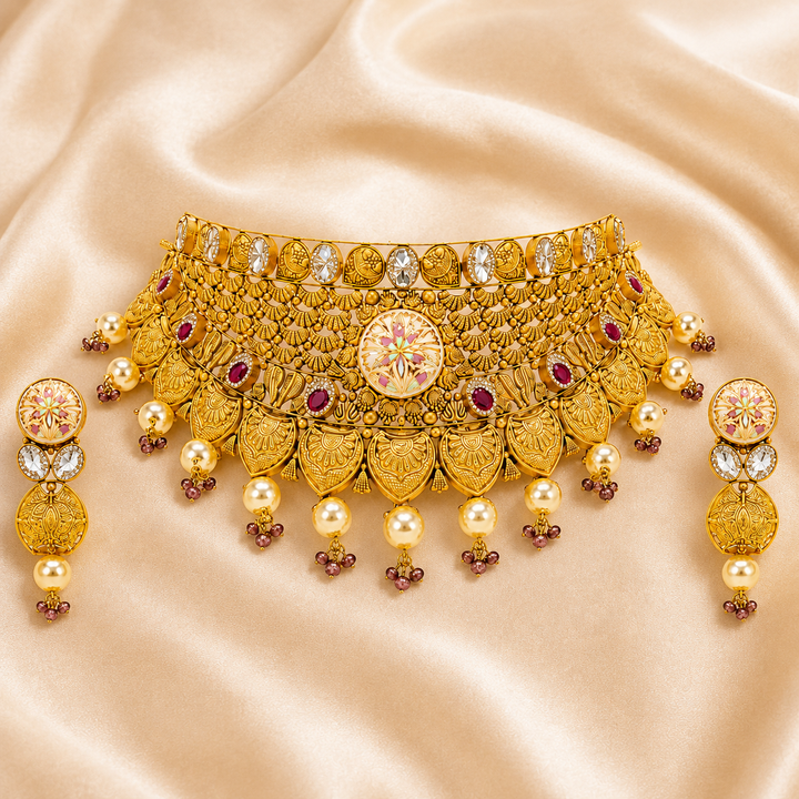 22Kt Gold Antique Choker Necklace Set with Polki & Moonstone Drops