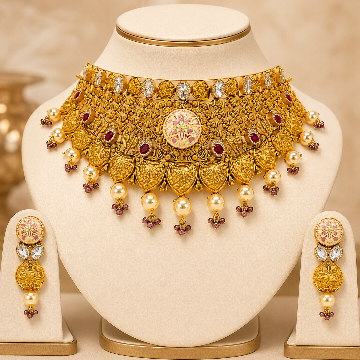 22Kt Gold Antique Choker Necklace Set with Polki & Moonstone Drops